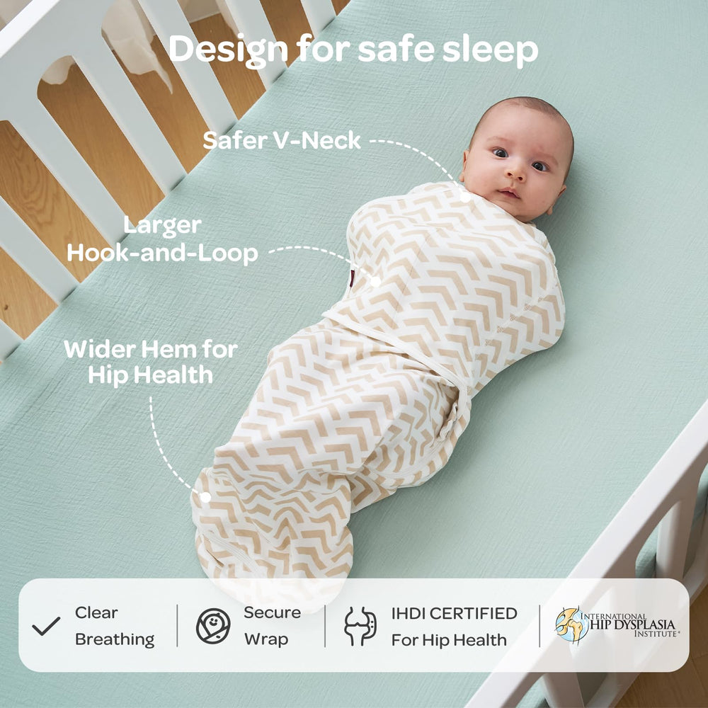 Momcozy swaddle features hip-friendly wide hem to support natural leg movement.