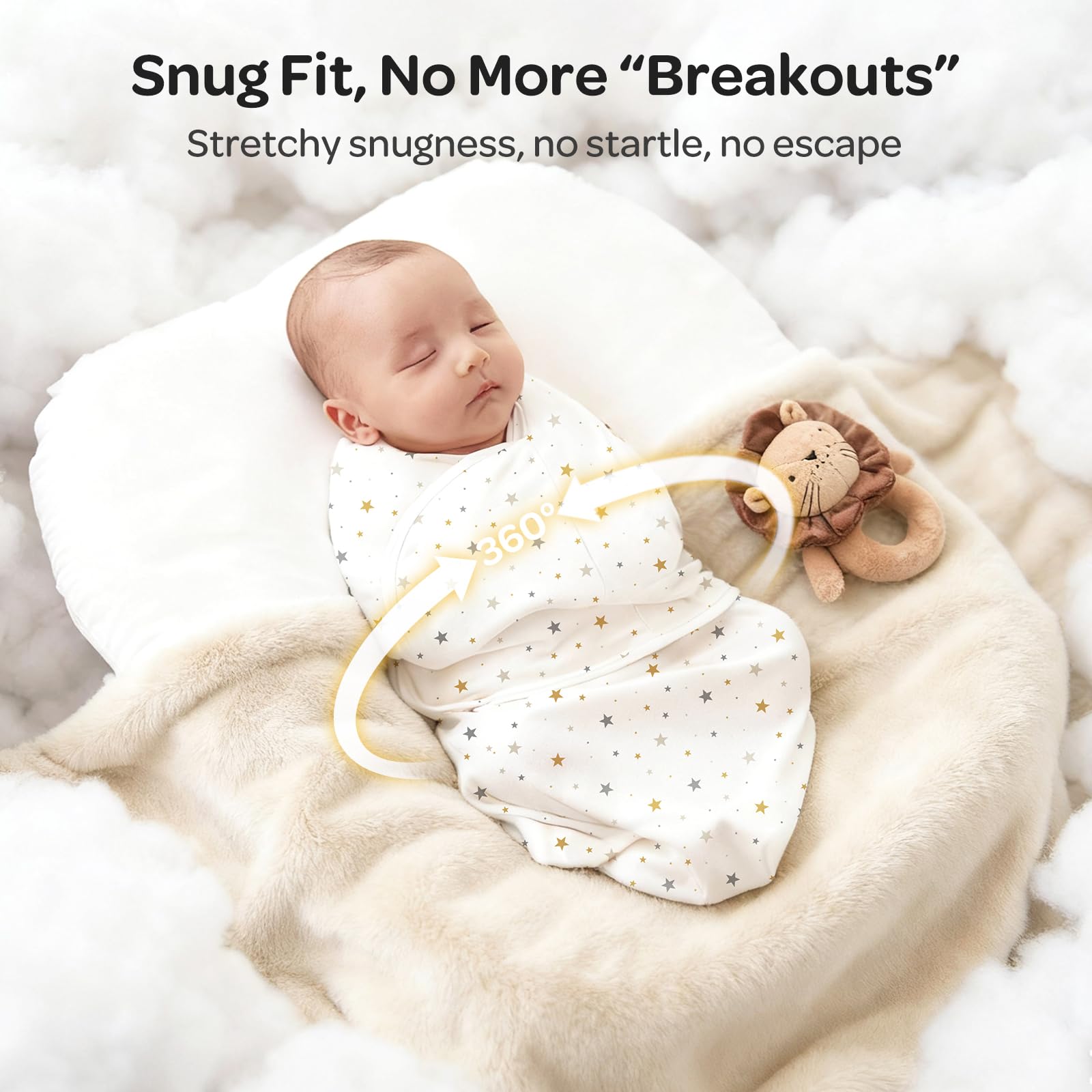 Momcozy newborn wearing swaddle demonstrates secure snug fit and cozy coverage.
