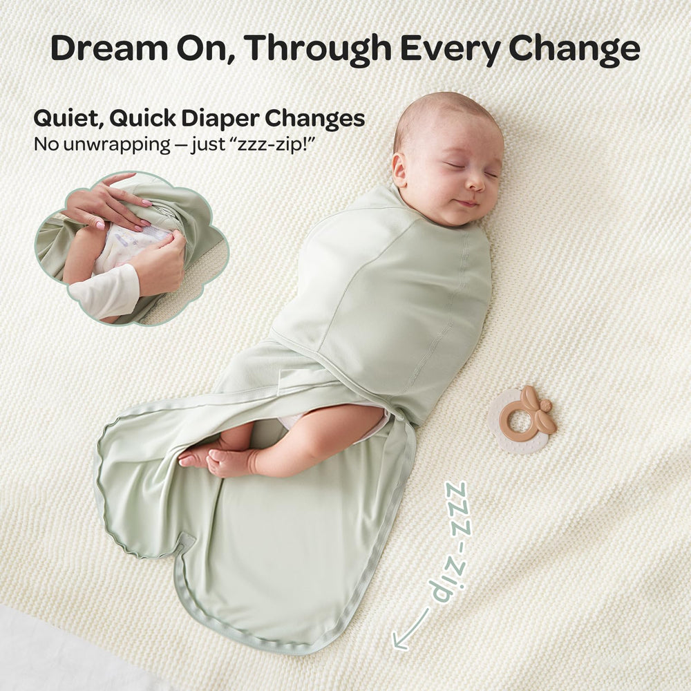 Momcozy Serenity swaddle's wide hip width supports natural leg movement.