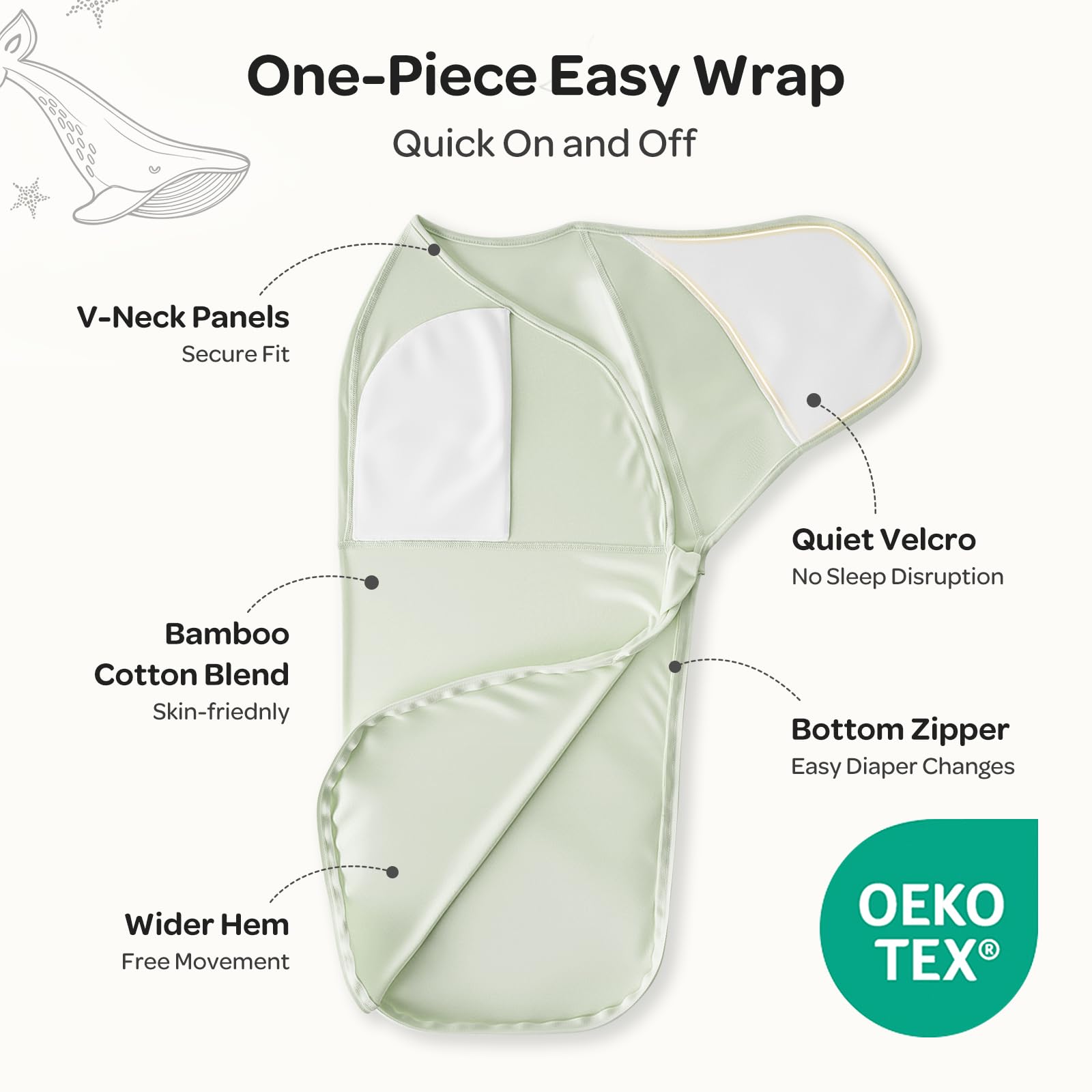 Momcozy Serenity swaddles on baby demonstrating snug wrap with quiet Velcro for undisturbed sleep.