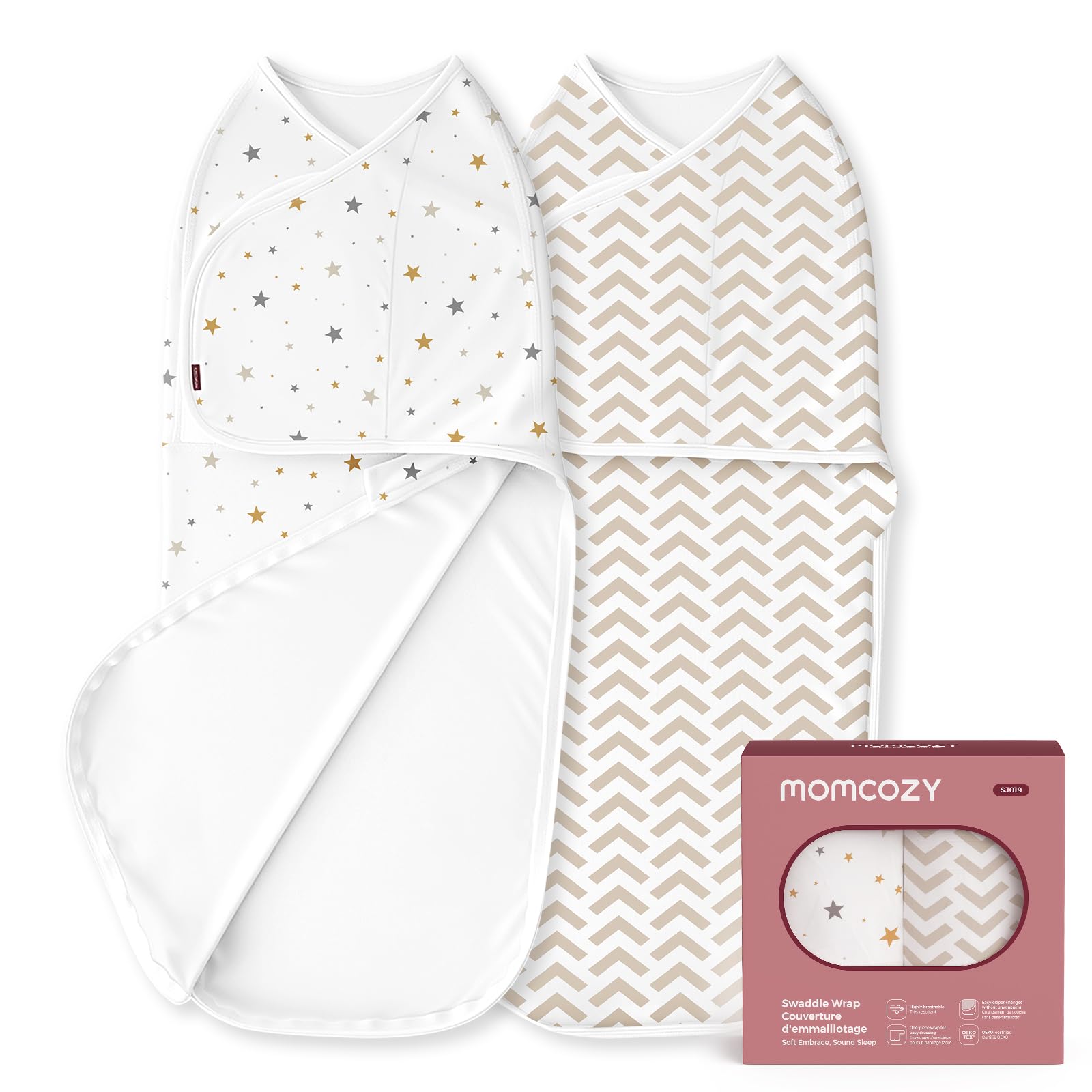 Momcozy swaddles two-step wrap demonstrates quick secure setup for newborn sleep.