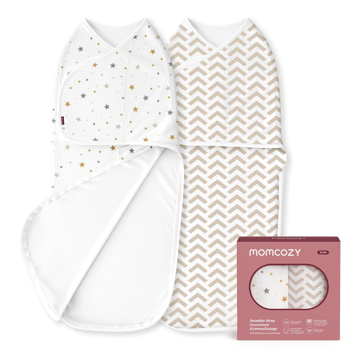 Momcozy swaddles two-step wrap demonstrates quick secure setup for newborn sleep.