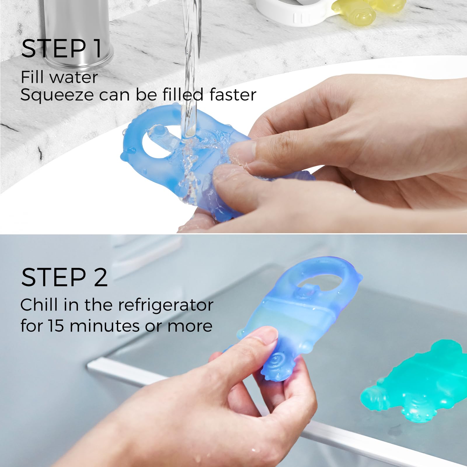 Momcozy teether dual-head grip supports easy one handed holding for tiny hands.