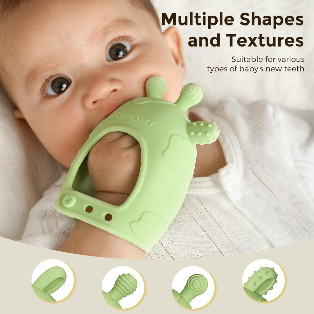 Momcozy teether with soft textures designed to soothe different gum areas.