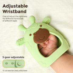 Momcozy teether adjustable wristband demonstrates secure fit on tiny hands.