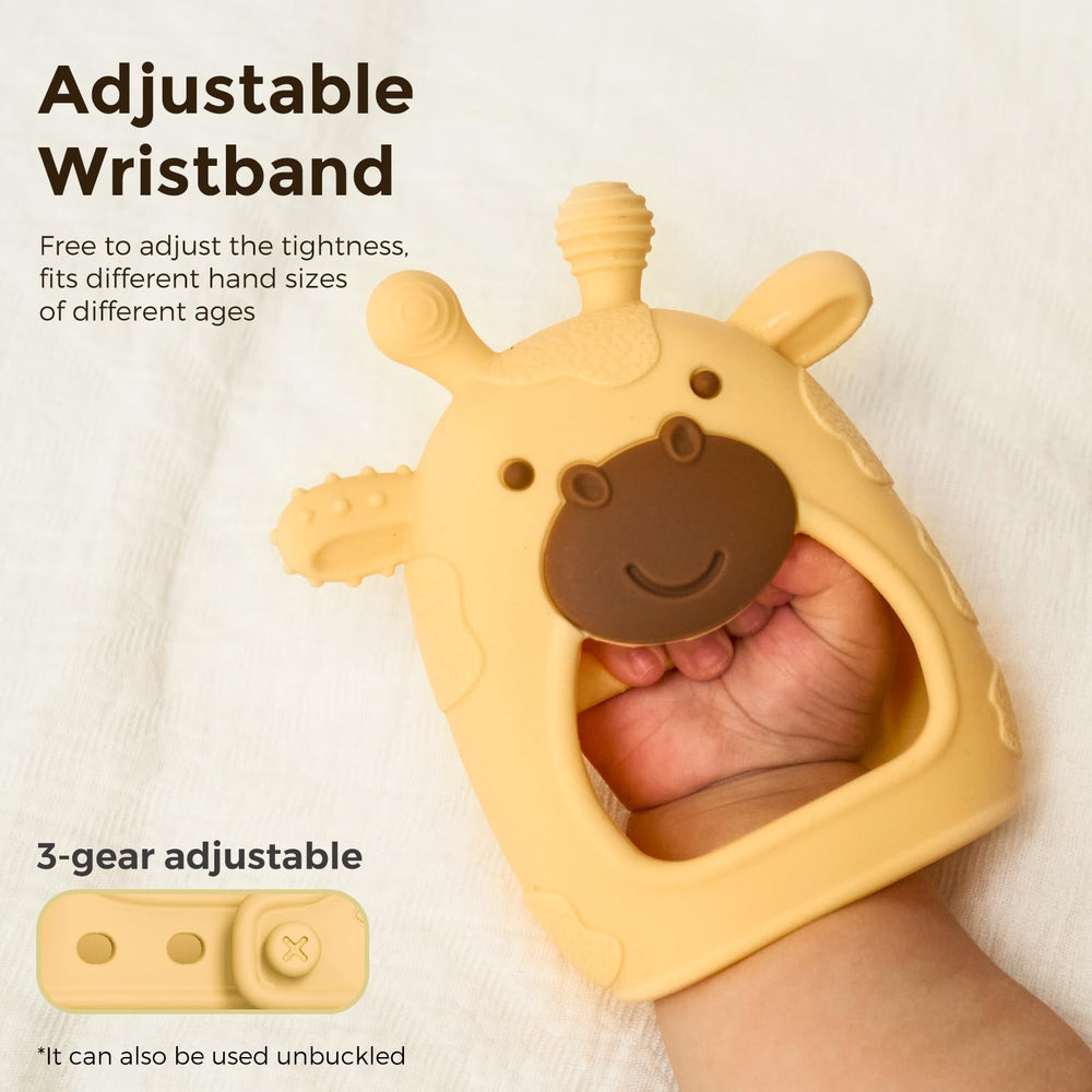 Momcozy teether wristband adjustment demonstrates secure fit for tiny hands