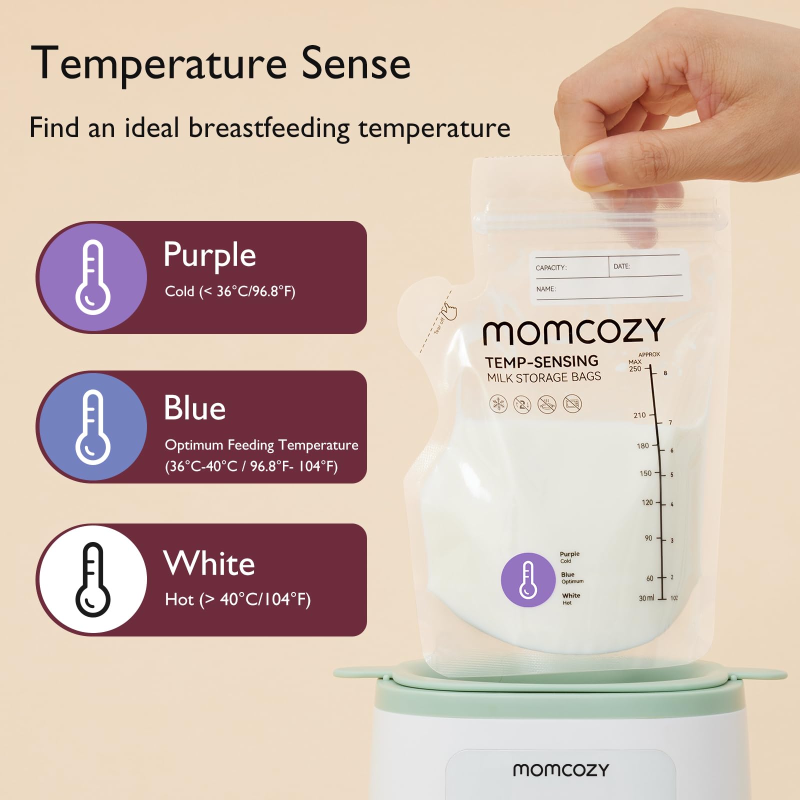 Momcozy color-changing temp sensing cue indicates milk temperature