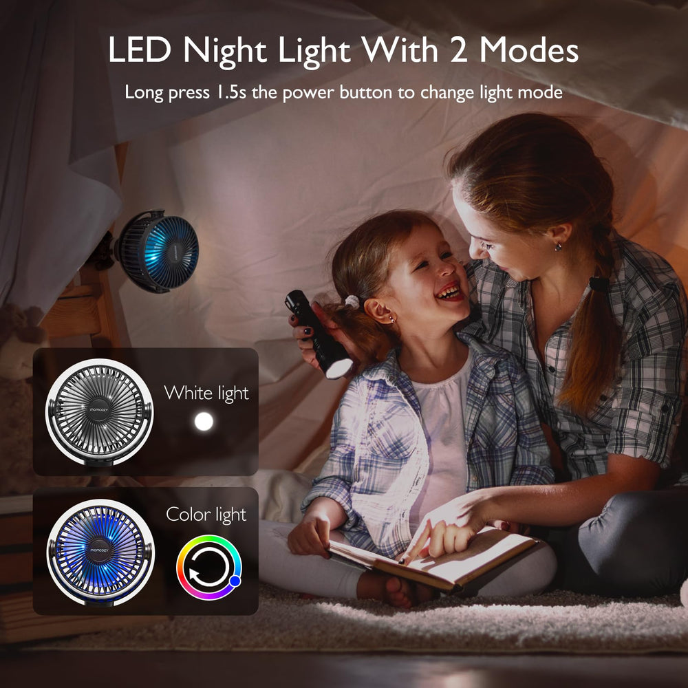 Momcozy portable fan used for travel, bedroom, and car rides.