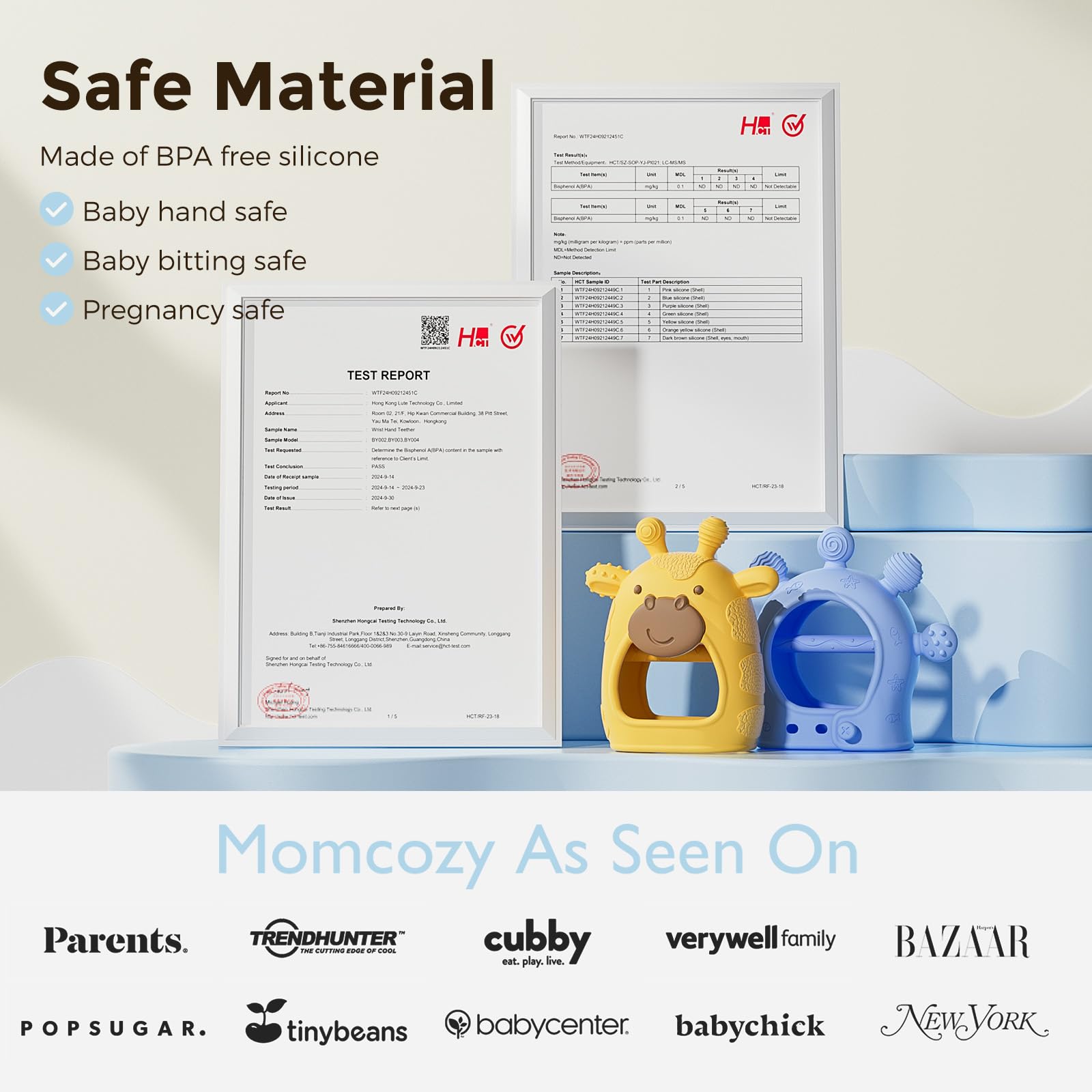 Momcozy two-pack teether yellow and blue display color options for baby comfort