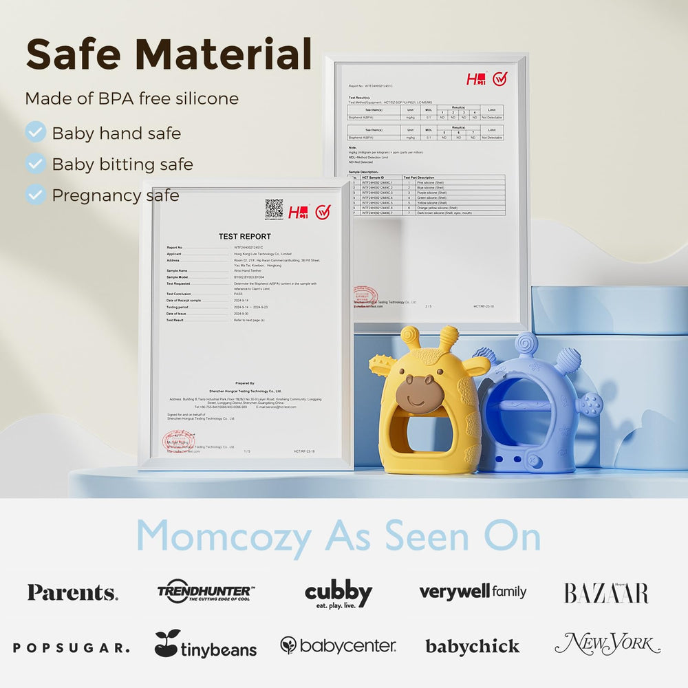 Momcozy two-pack teether yellow and blue display color options for baby comfort