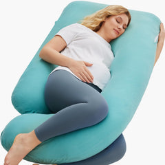 Momcozy U-shaped pregnancy pillow front view for full-body support during pregnancy