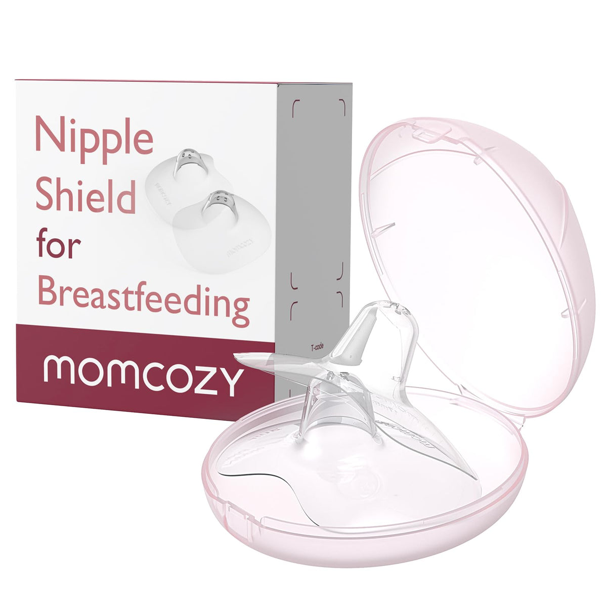 Momcozy Ultra-Thin Nipple Shields in packaging with pink carry case for organized storage
