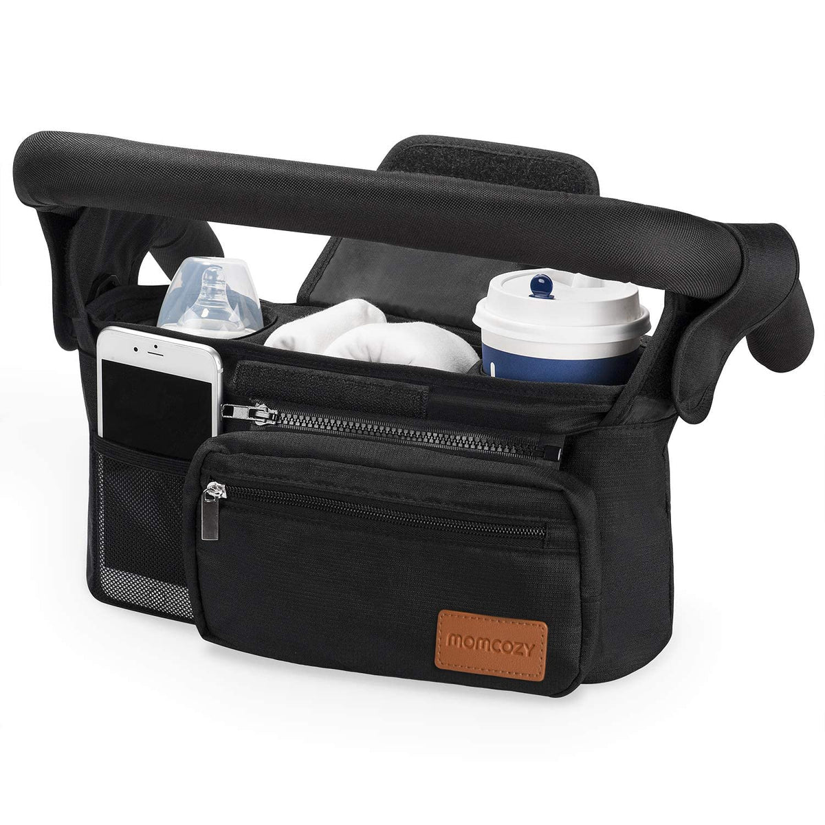 Momcozy universal stroller organizer with cup holders keeps drinks secure during strolls.