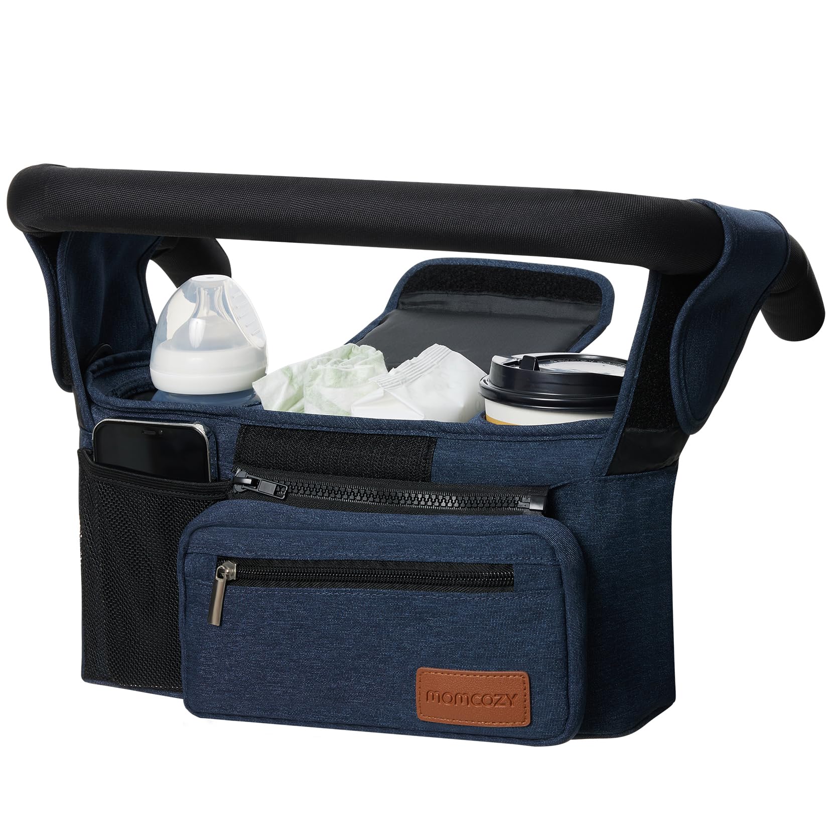 Momcozy universal stroller organizer with cup holders supports on-the-go beverages.
