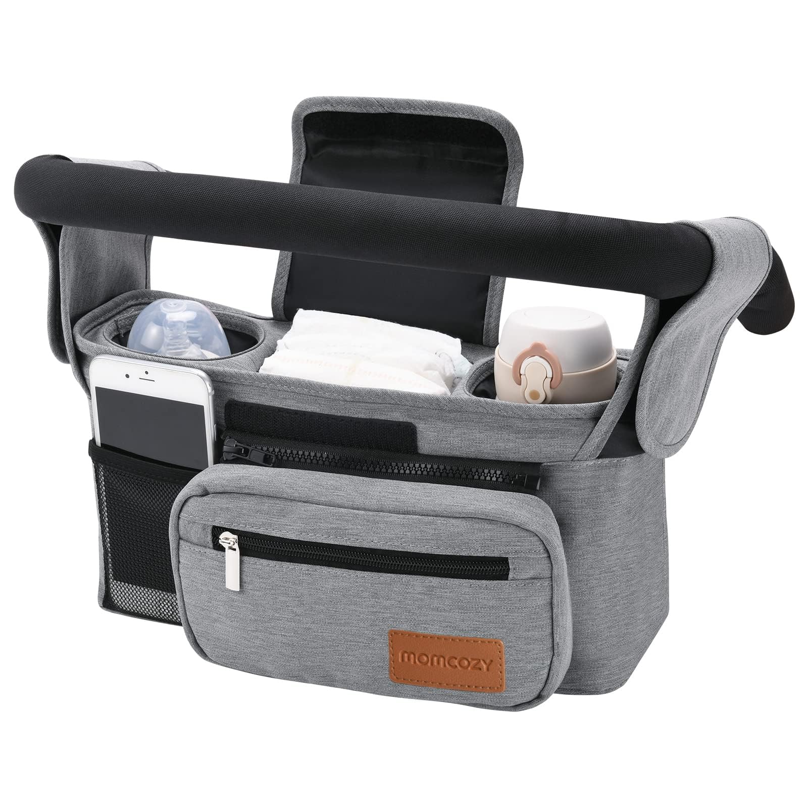 Momcozy universal stroller organizer front view shows organized pockets for quick on-the-go access