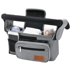 Momcozy universal stroller organizer front view shows organized pockets for quick on-the-go access