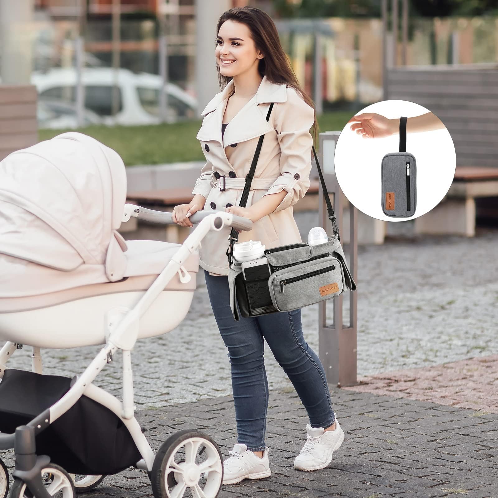 Momcozy organizer in use demonstrates practical storage and stability