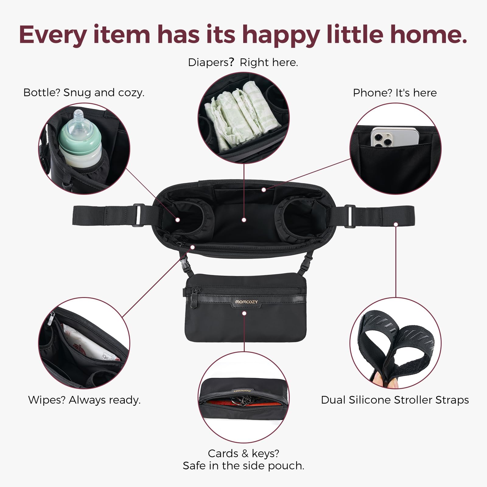 Momcozy organizer showing insulated bottle holders for hot or cold drinks during outings