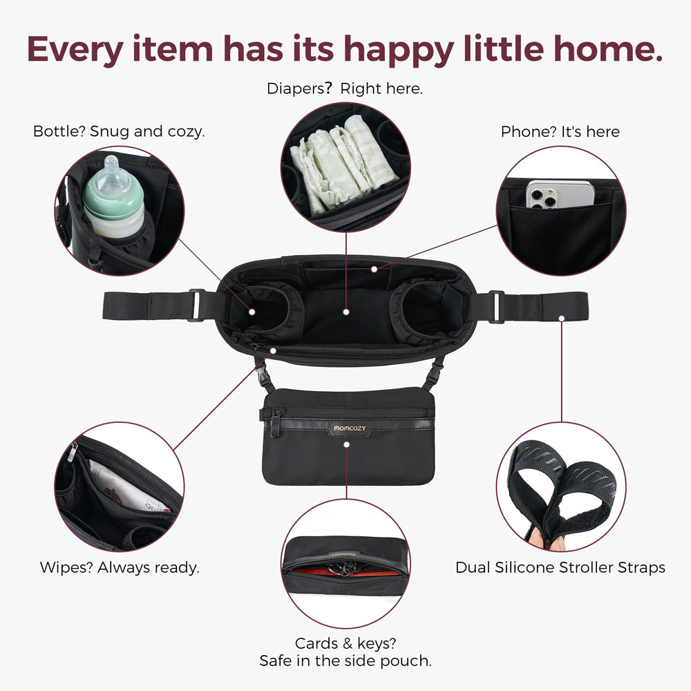 Momcozy organizer showing insulated bottle holders for hot or cold drinks during outings