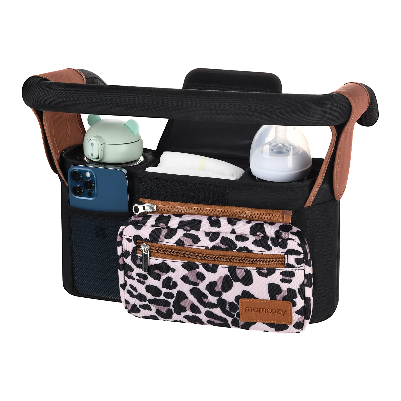 Momcozy universal stroller organizer with insulated cup holder keeps drinks at the right temperature.