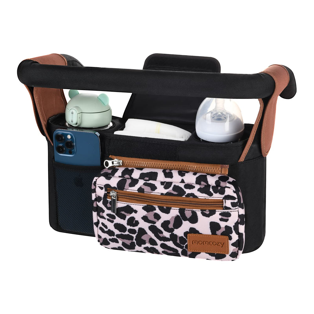 Momcozy universal stroller organizer with insulated cup holder keeps drinks at the right temperature.