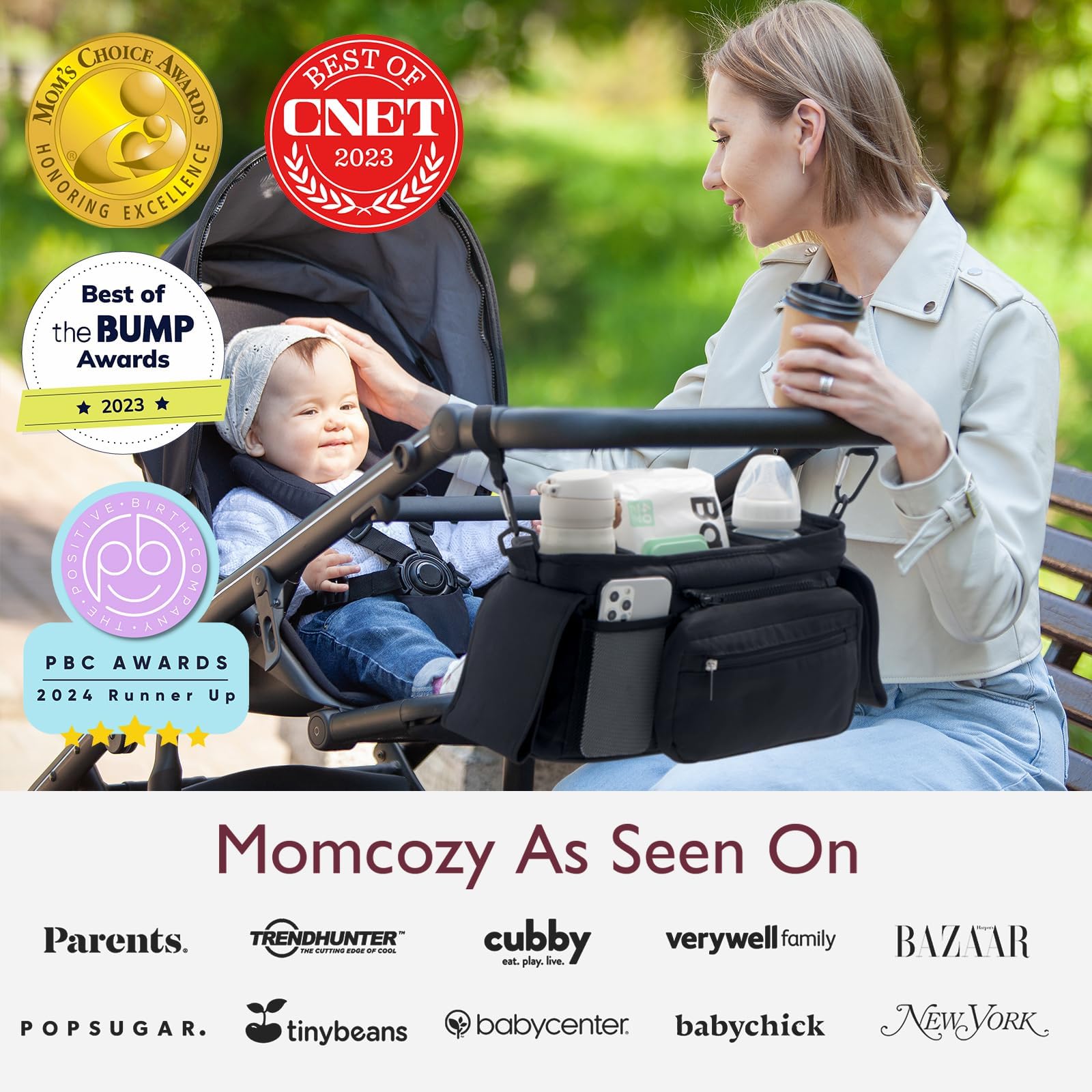 Momcozy large-capacity organizer holds cups, phone, wallet, and more.