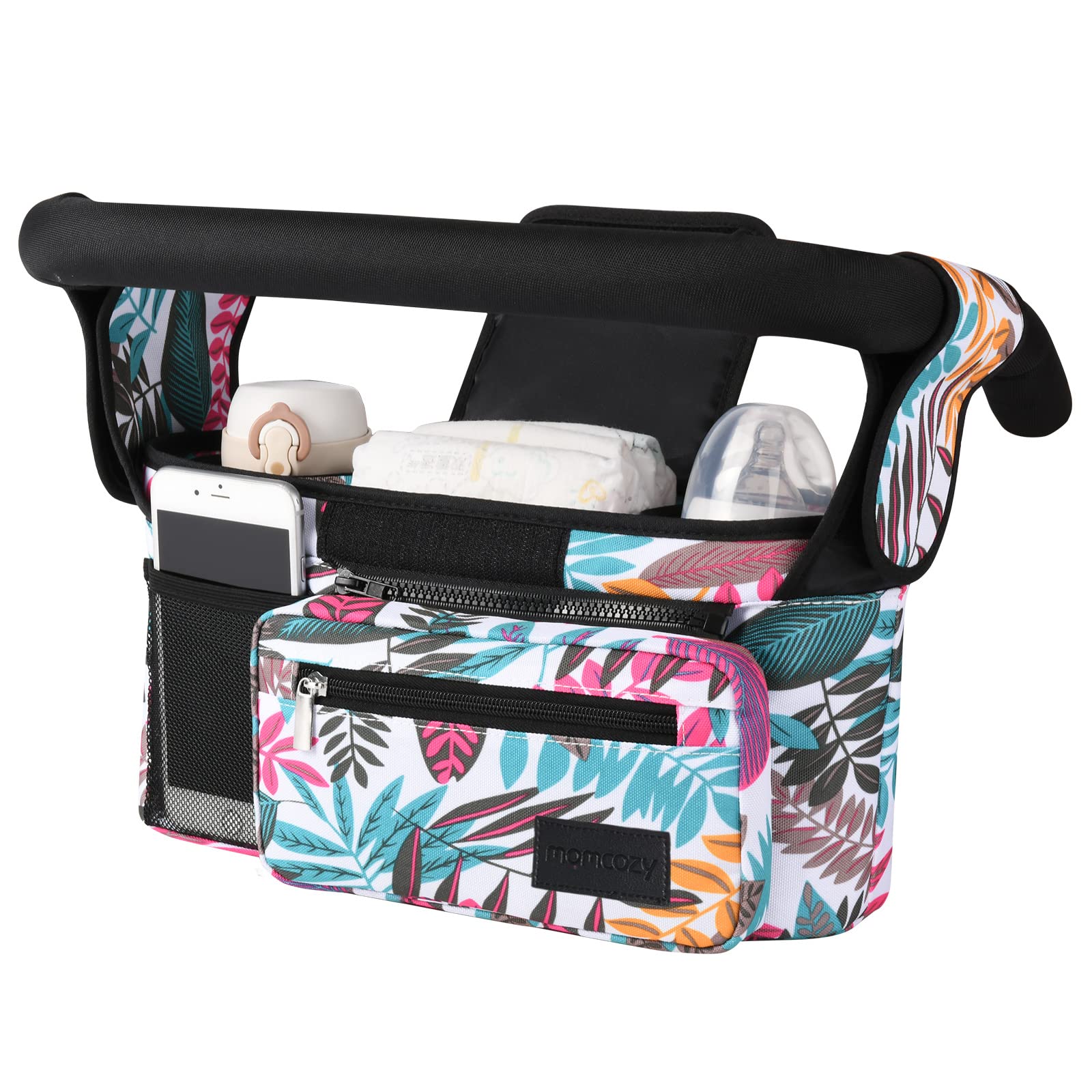 Momcozy universal stroller organizer left side shows compact design for easy access on the go