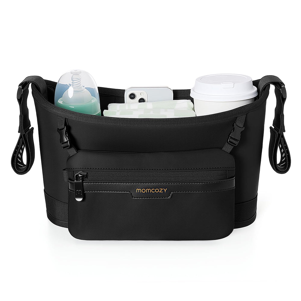 Momcozy universal stroller organizer attached to a stroller for quick-access essentials