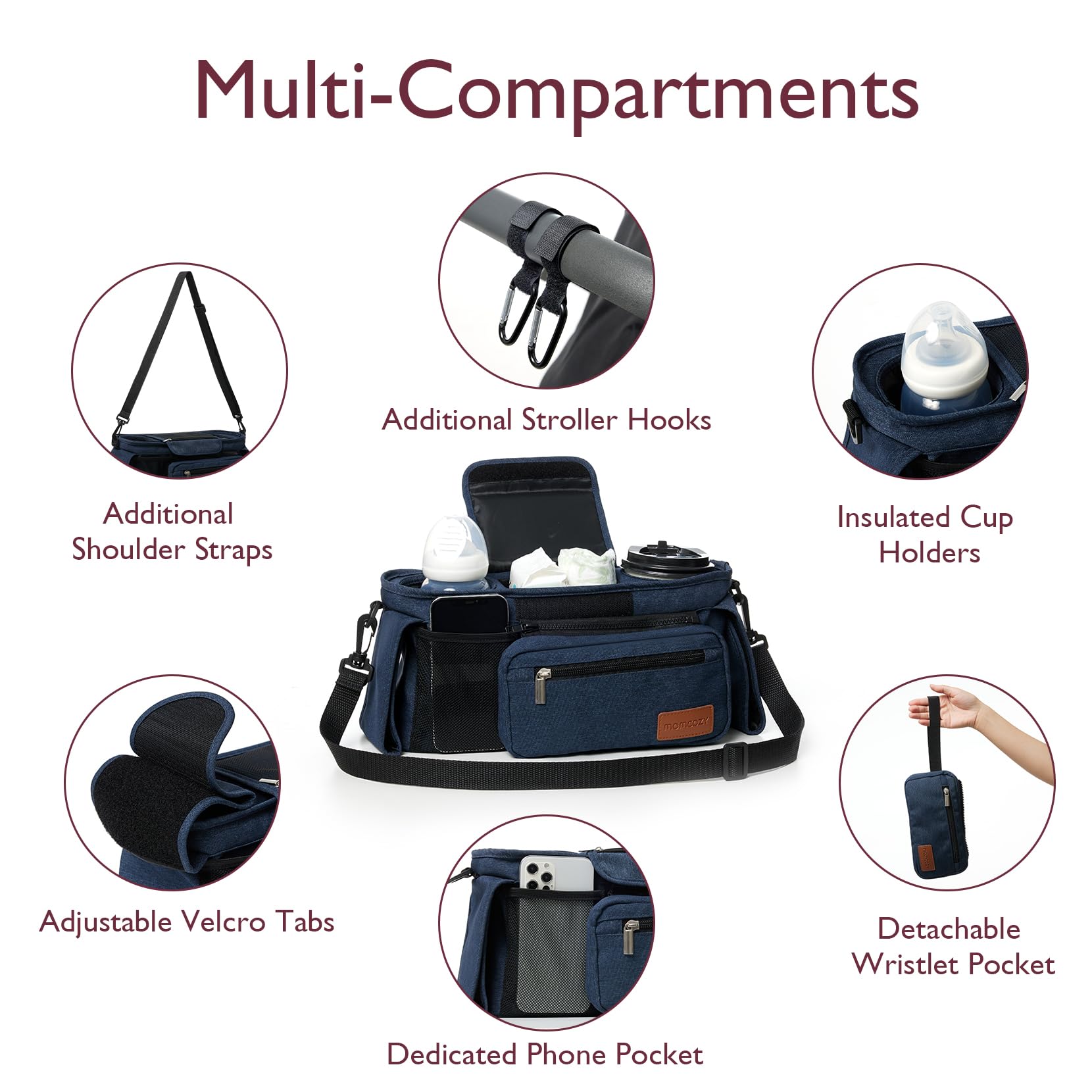 Momcozy universal stroller organizer phone pocket keeps essentials within reach.