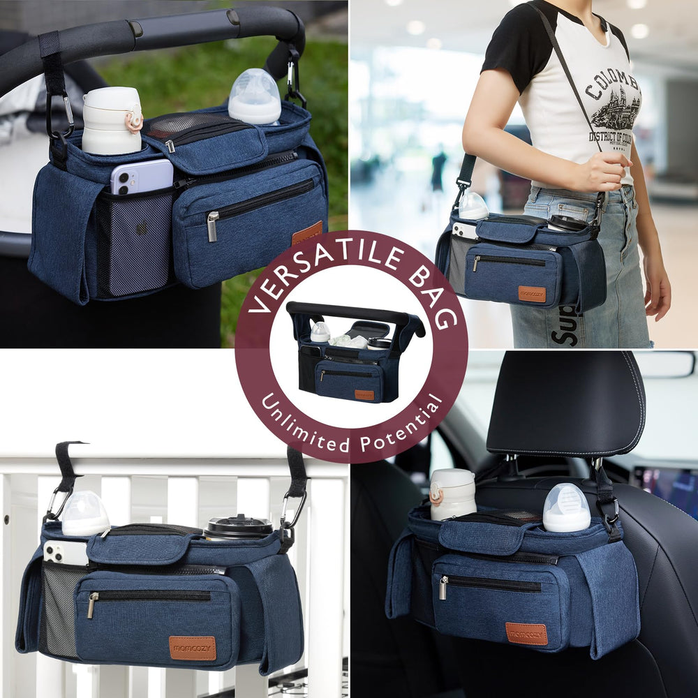Momcozy universal stroller organizer shoulder strap converts to a hands-free carry.