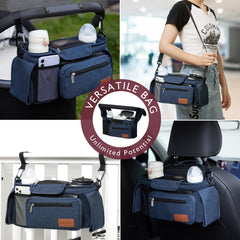 Momcozy universal stroller organizer shoulder strap converts to a hands-free carry.