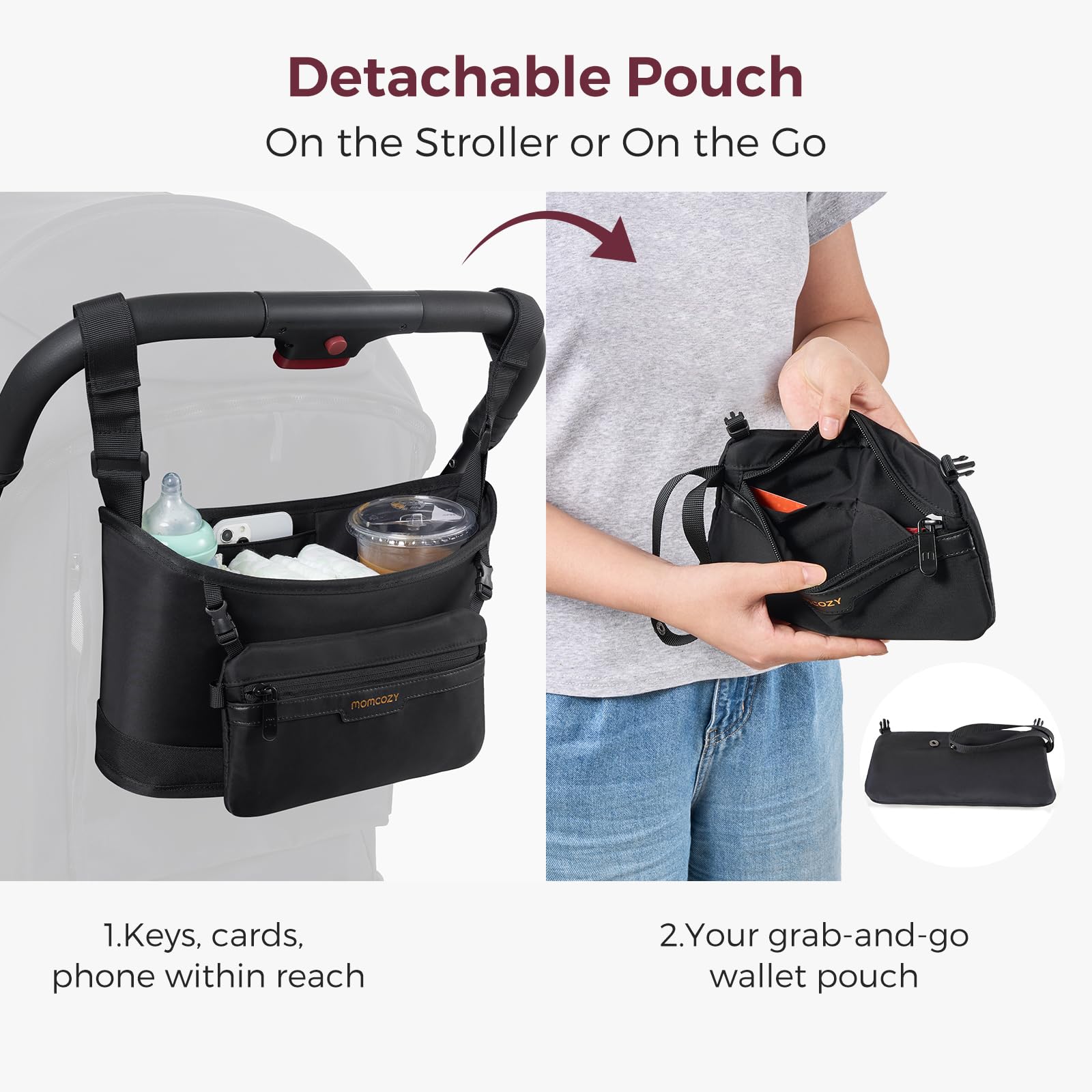 Silicone anti-slip straps securing the Momcozy organizer to stroller bars