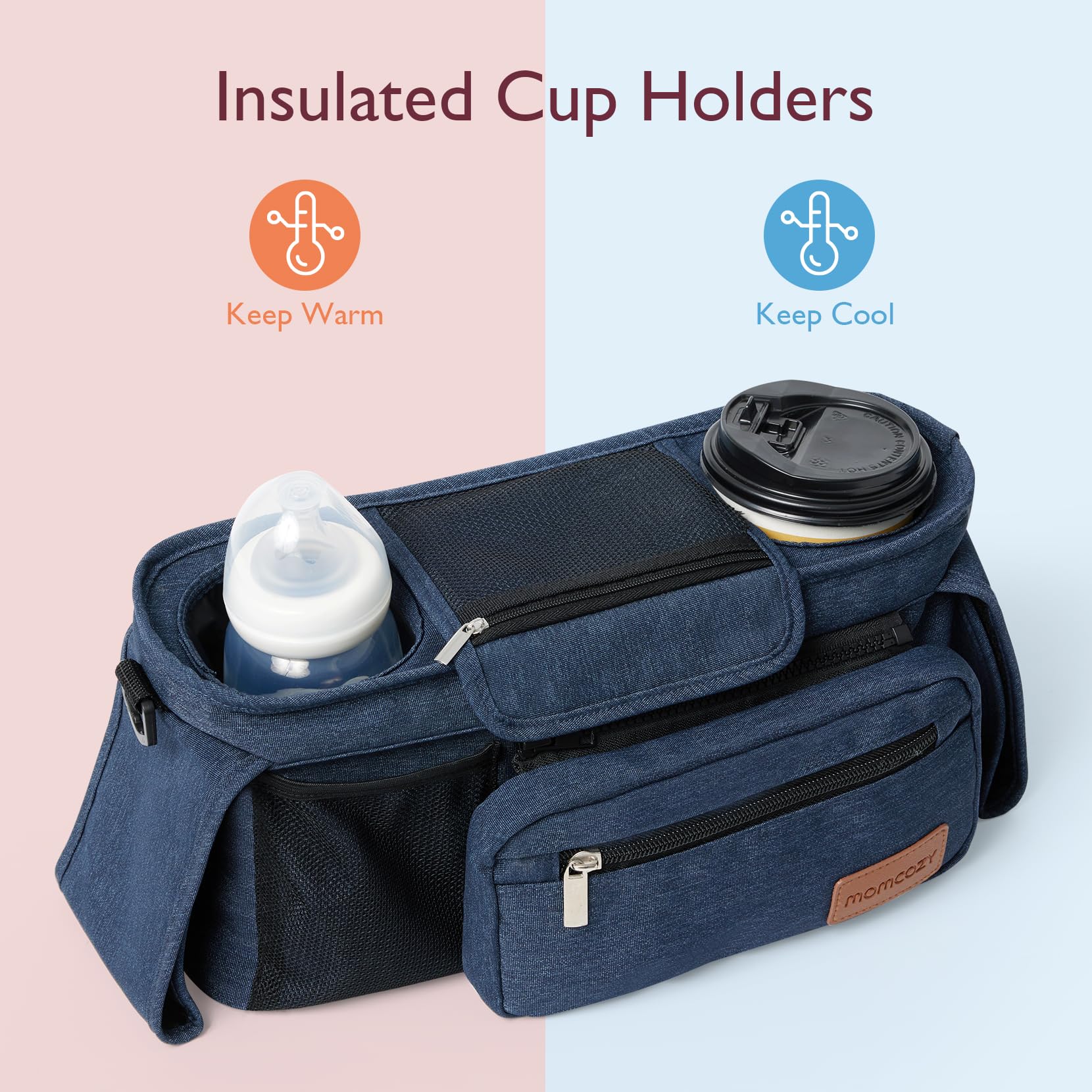 Momcozy universal stroller organizer Velcro compatibility fits many strollers securely.