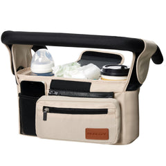 Momcozy universal stroller organizer front view with organized pockets for quick access