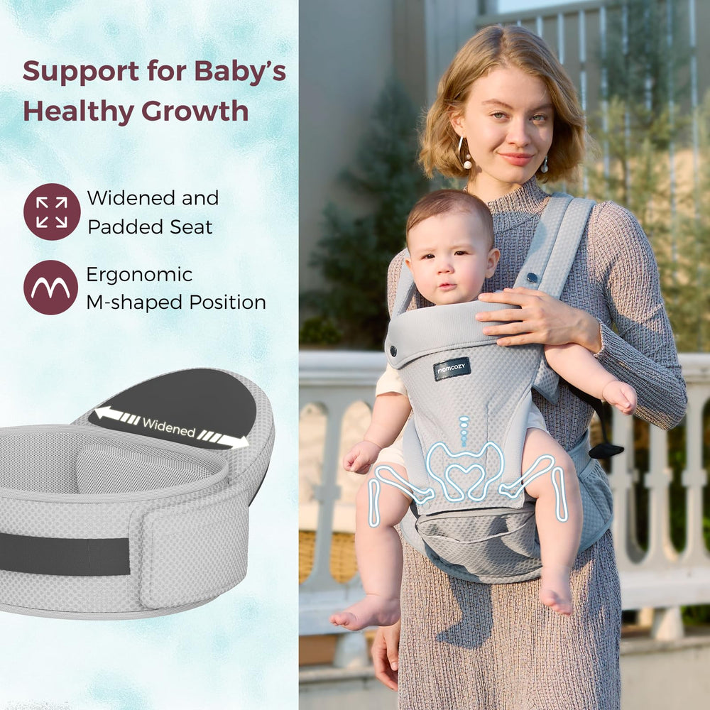 Momcozy carrier supports babies up to 44 lbs for growing use.