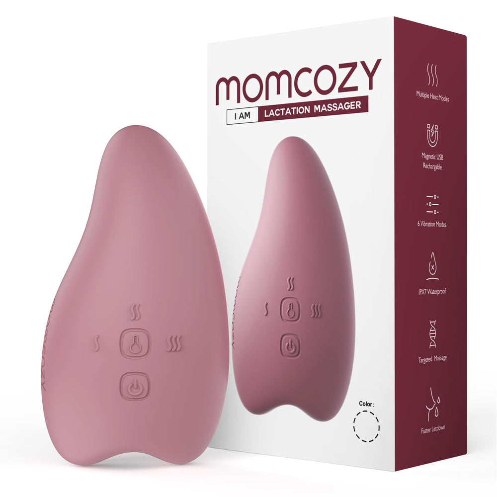 Momcozy warming lactation massager front view for portable breastfeeding support.