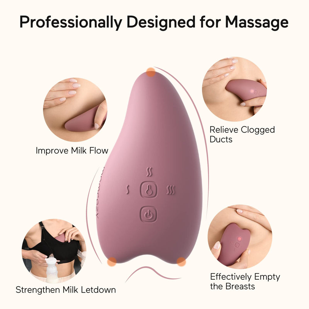 Momcozy massager heat dial close-up showing adjustable heat settings.