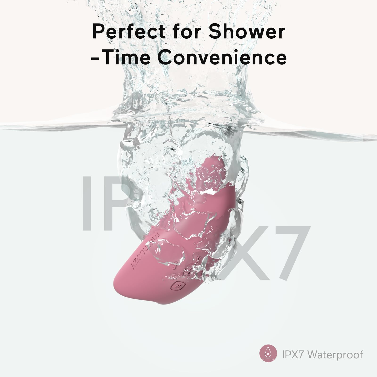 Momcozy massager in shower demonstrating IP27 waterproof design.