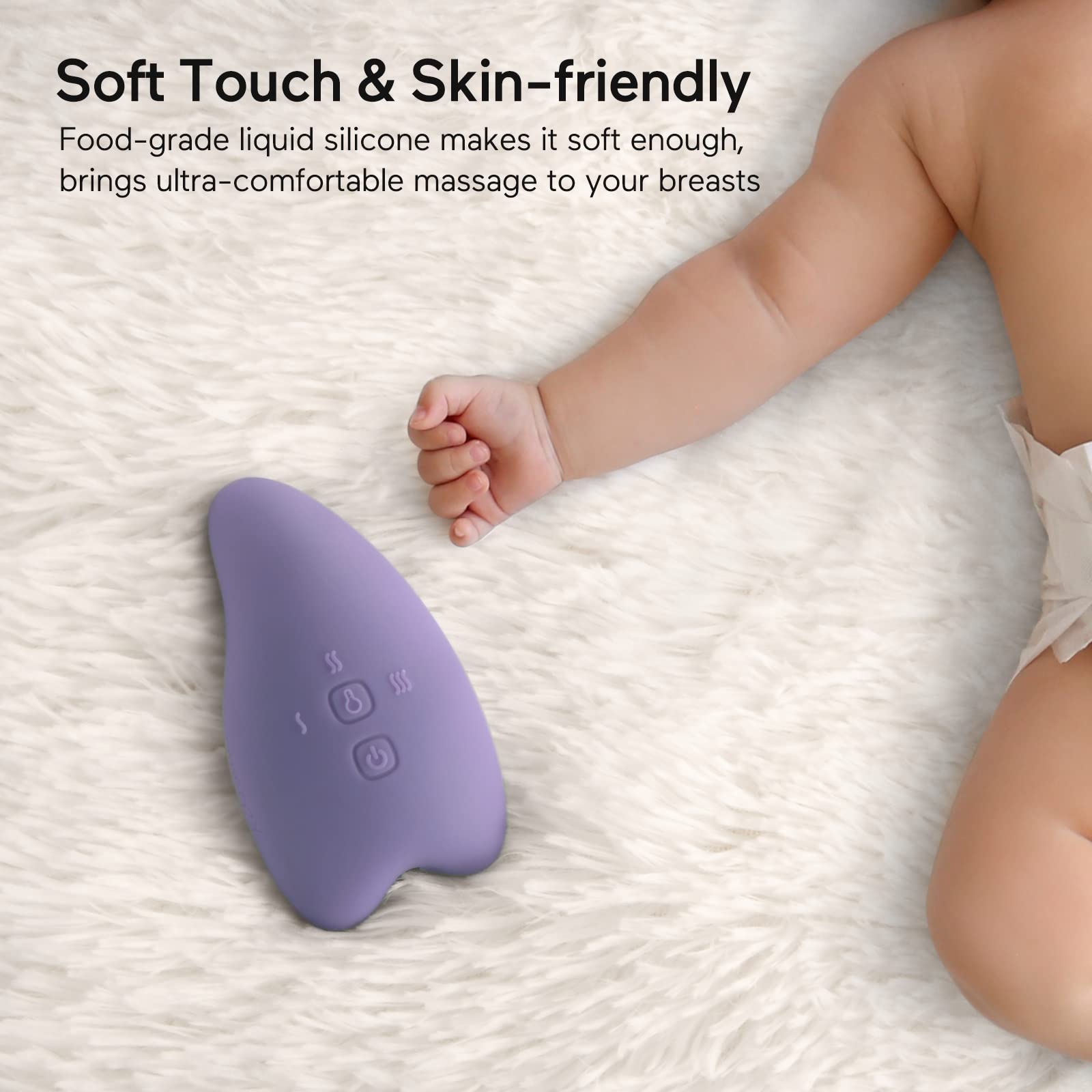 Unboxing Momcozy warming lactation massager shows lilac color and compact kit.