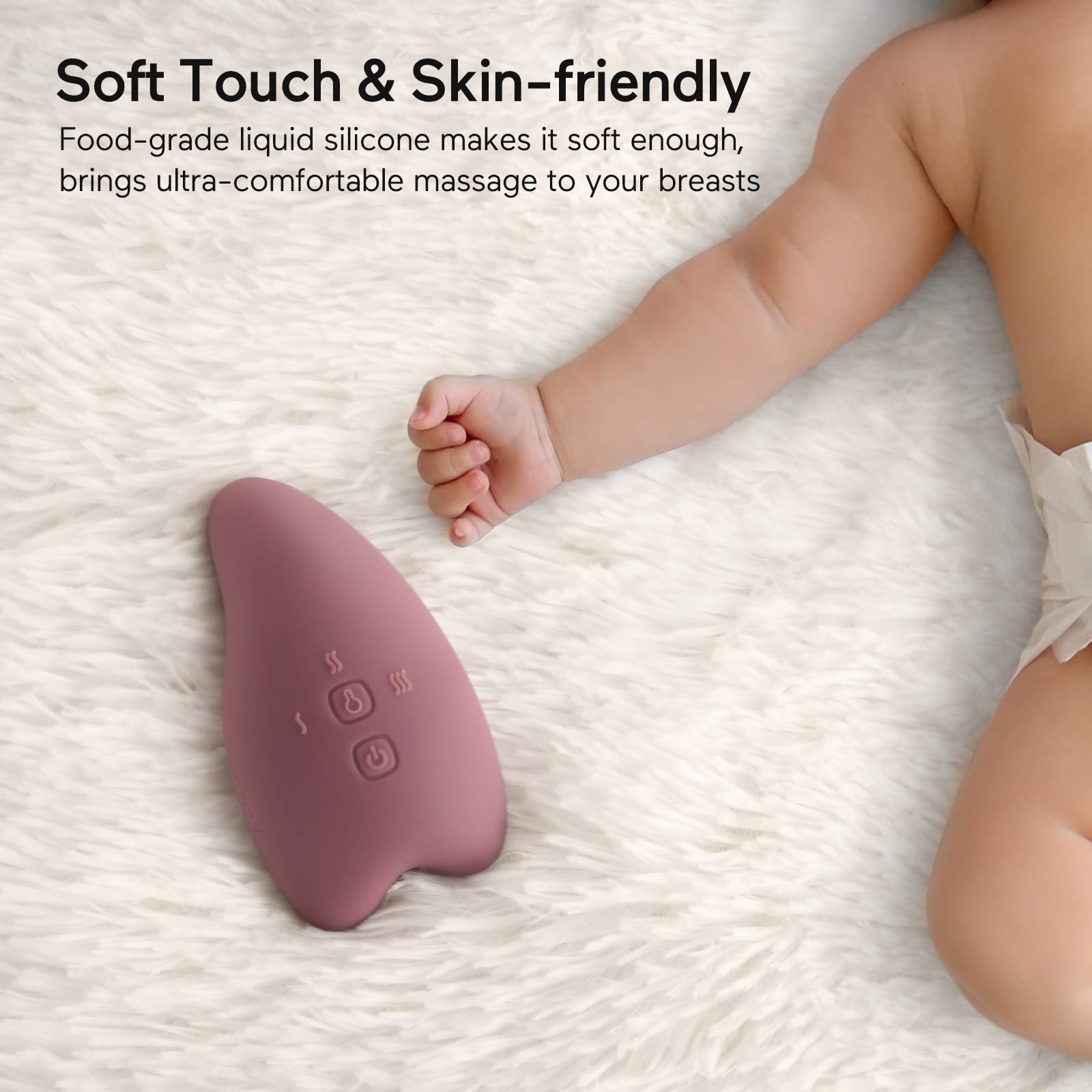 Momcozy massager in action with soothing vibration.