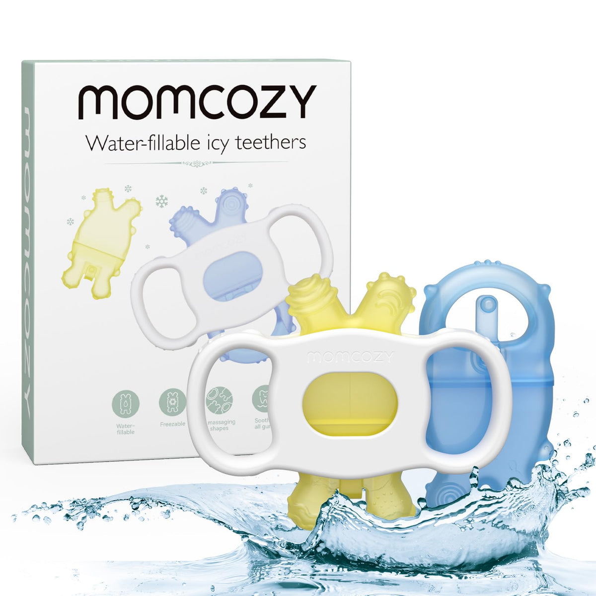Momcozy water-fillable teether blue yellow set ready for fridge cooling relief.
