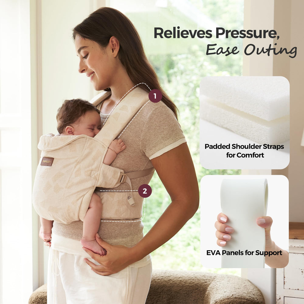 Momcozy WeeSnug baby in carrier image demonstrates hands-free versatility.