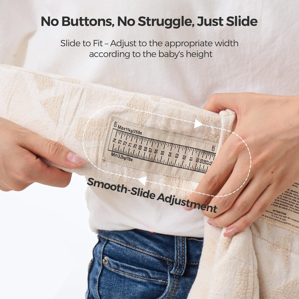 Momcozy WeeSnug ergonomic M-position close-up demonstrates hip-friendly seating for baby.