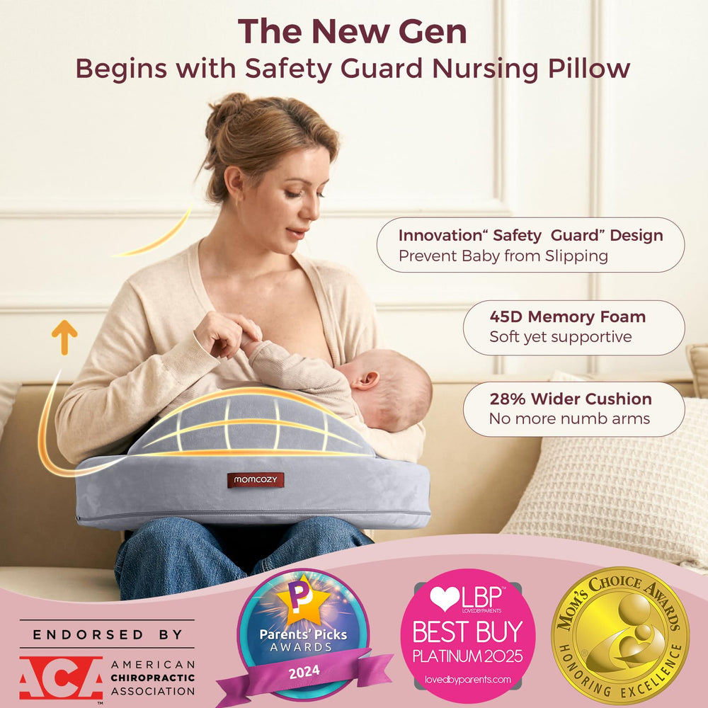 Momcozy wide nursing nest offers extra space for growing babies and mom's comfort.