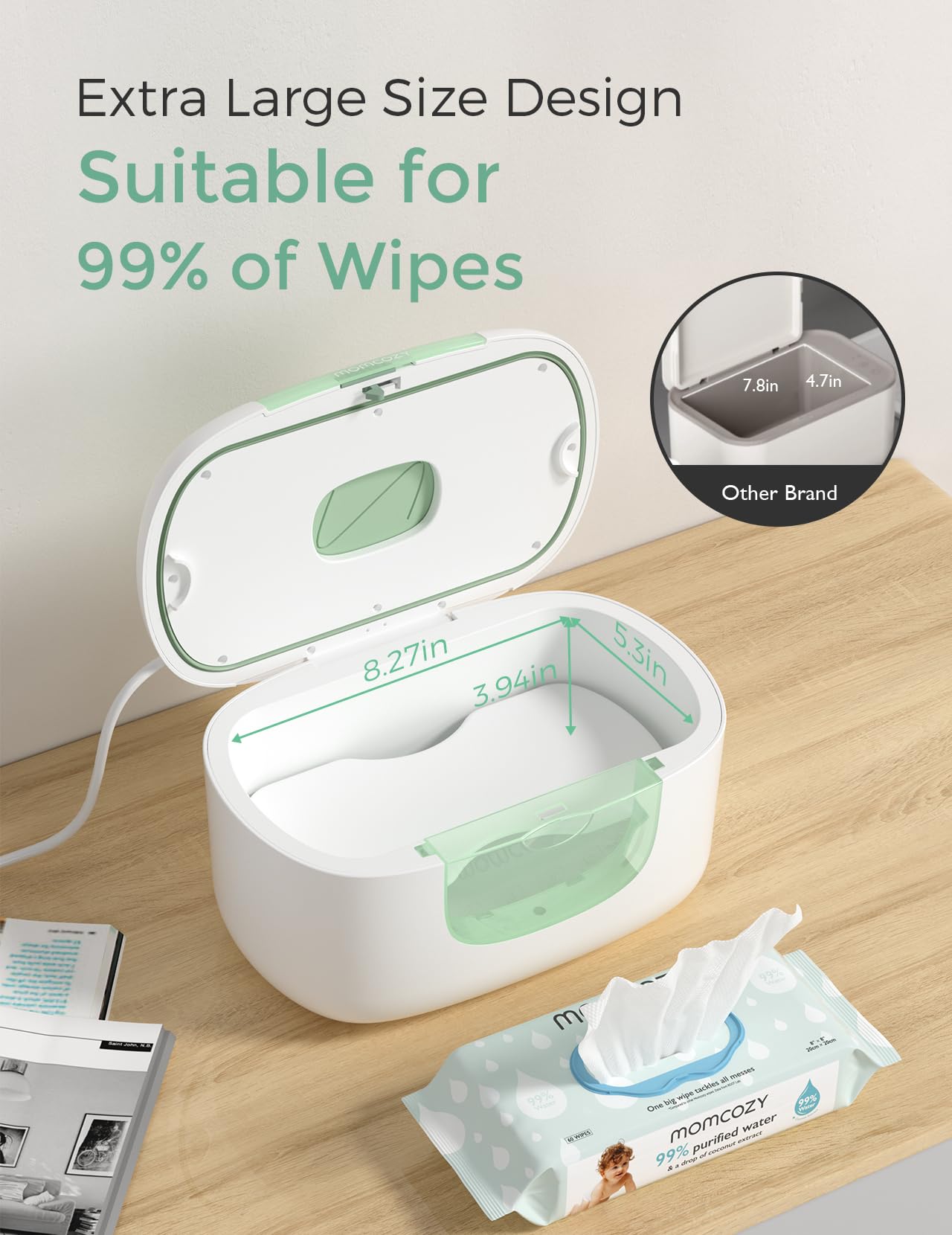 Momcozy wipe warmer 10-minute heating demonstrates instant warm wipes