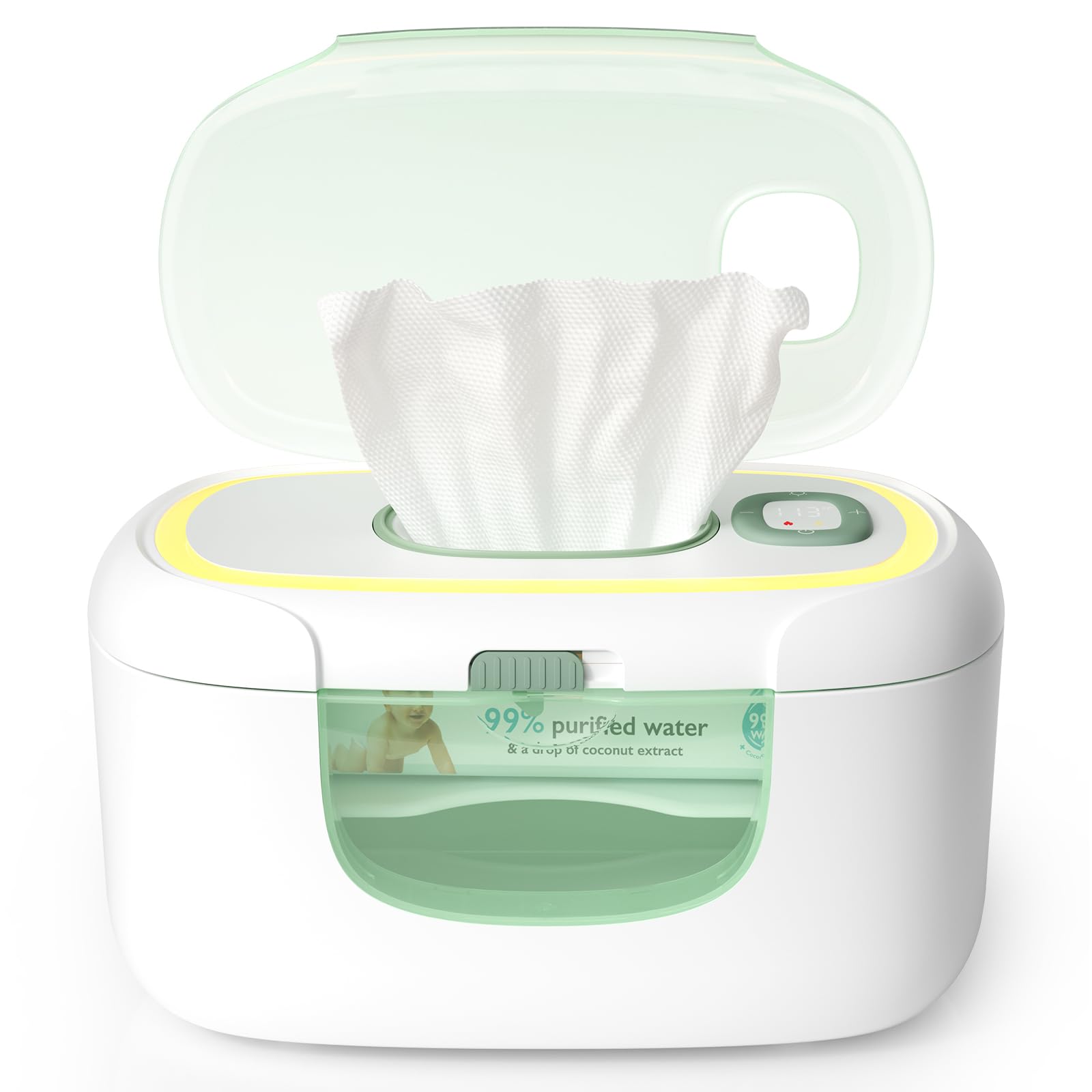 Momcozy wipe warmer top view showing large 100-wipe capacity for quick diaper changes