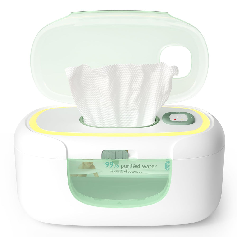 Momcozy wipe warmer top view shows even heating for warm, ready wipes
