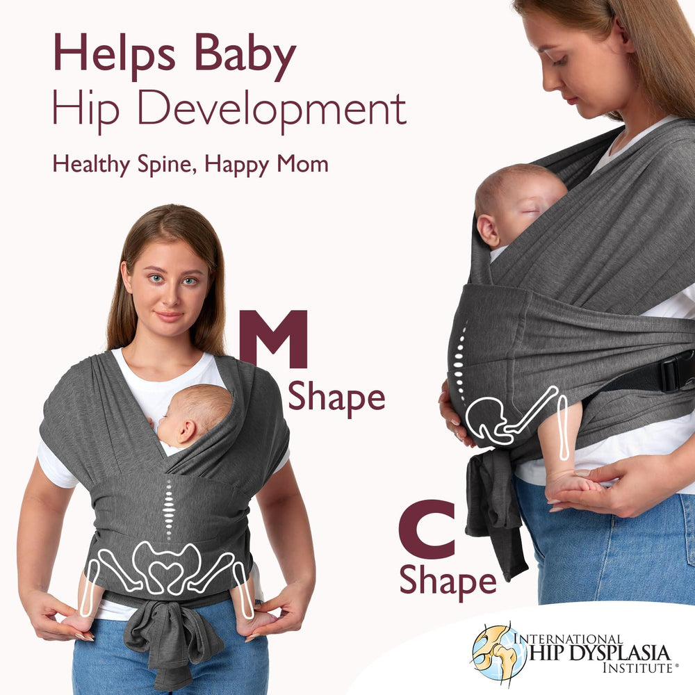 Momcozy wrap demonstrates a sleepy baby snuggle in a soft wrap for comfort.