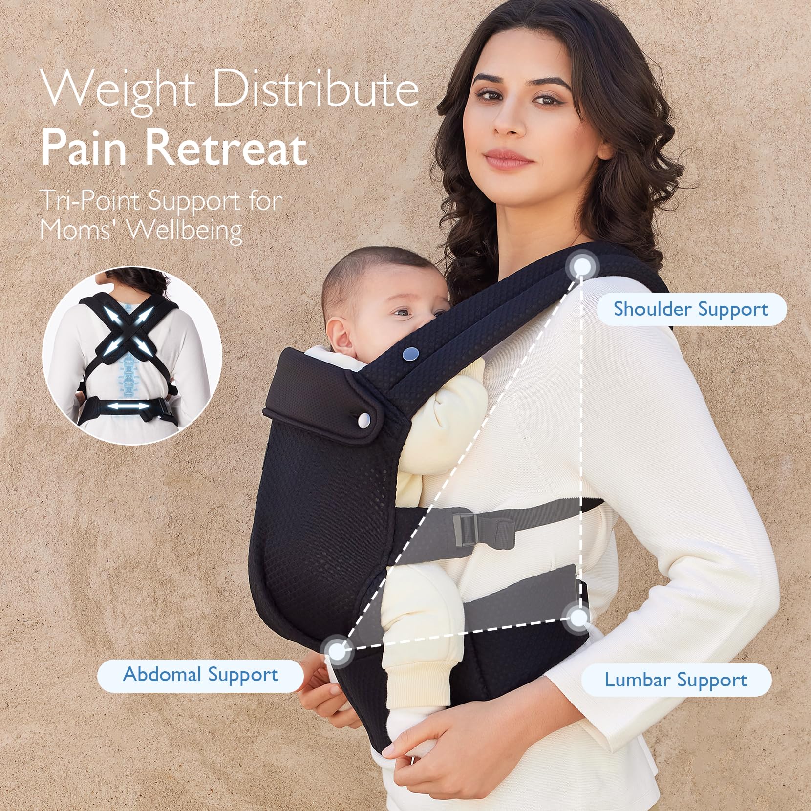 Momcozy X-shaped back design distributes weight for comfortable wear.