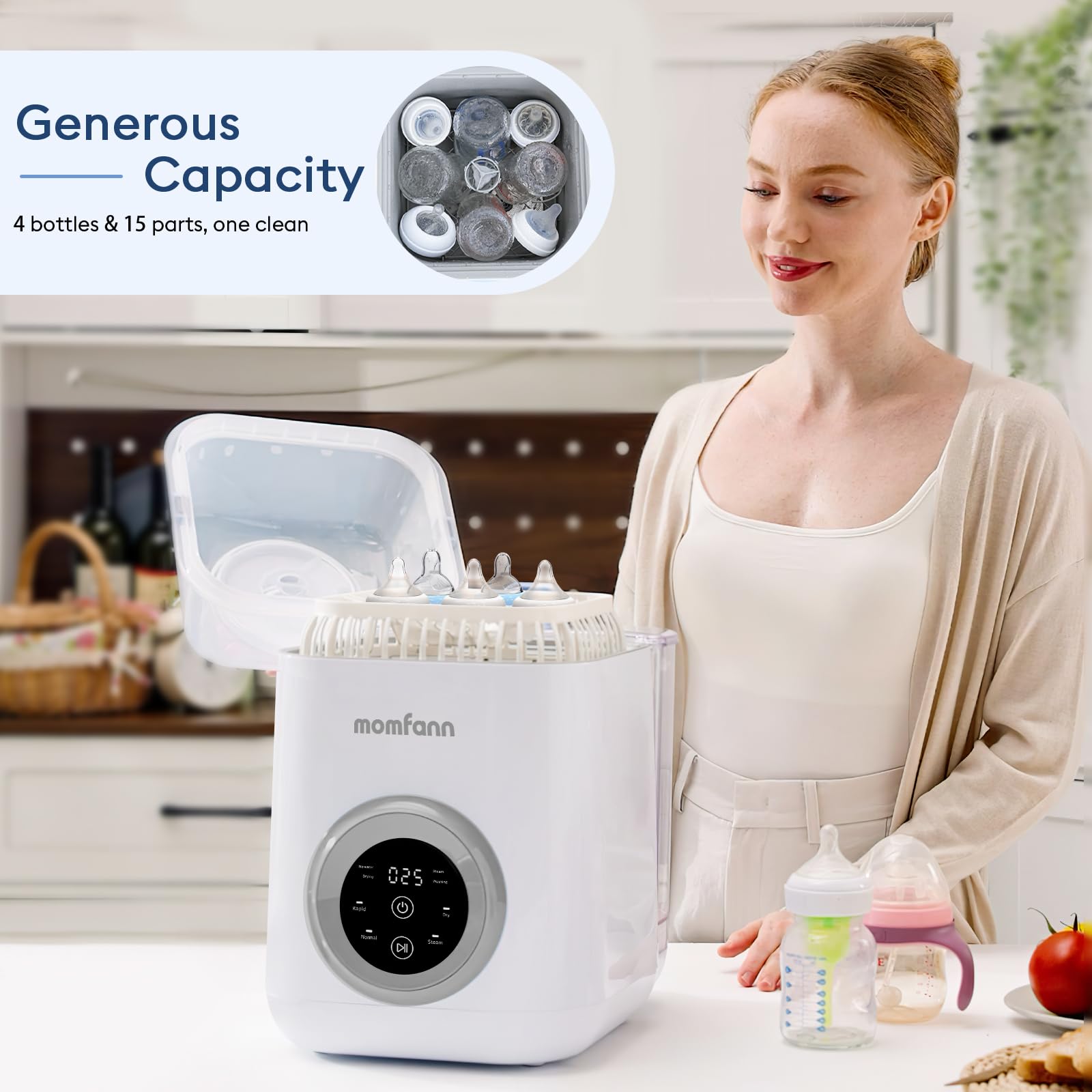 MOMFANN 19 Min Bottle Washer drying-container features hands-free drying and organized storage